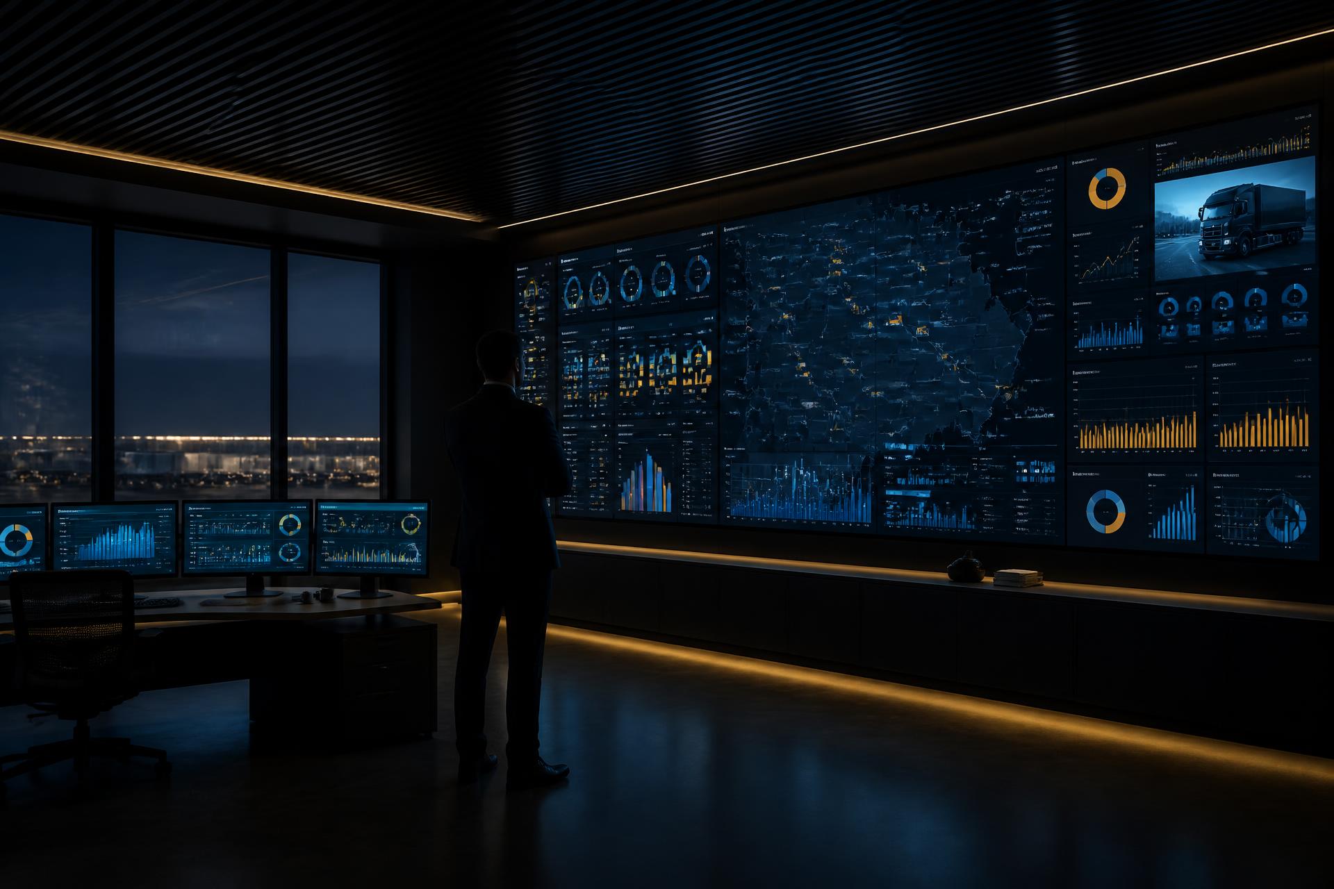 Modern logistics control room with live fleet dashboards